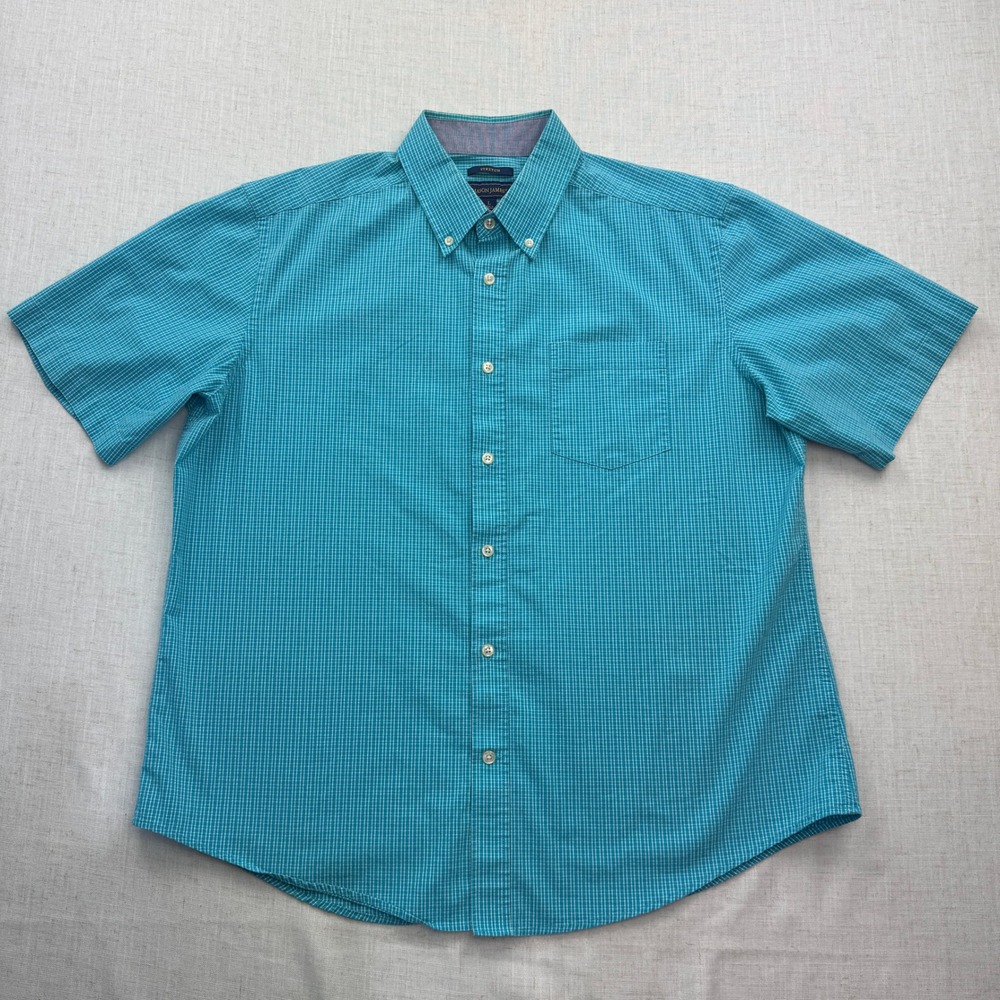 Mason James Shirt Mens Large Teal White Gingham Short Sleeve Stretch Fisherman
